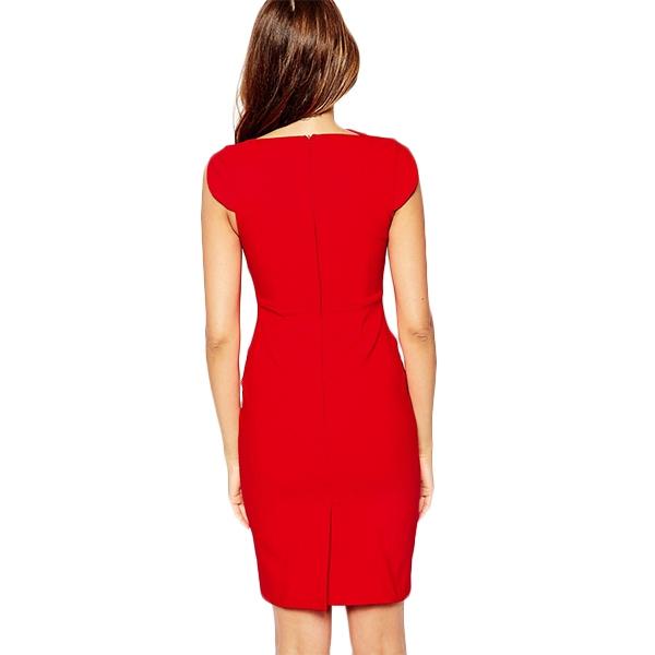 Women's V-Neck Red Solid Straight Dress. 