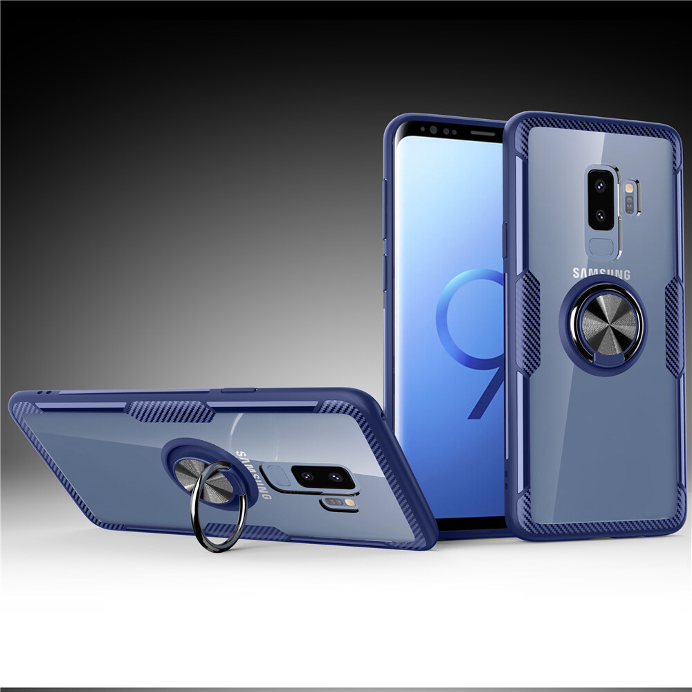lthmy for Samsung Galaxy S9 Carbon Fiber Design Clear Crystal Case with 360 Degree Rotation Finger Ring Holder (Compatible with Magnetic Car Mount)