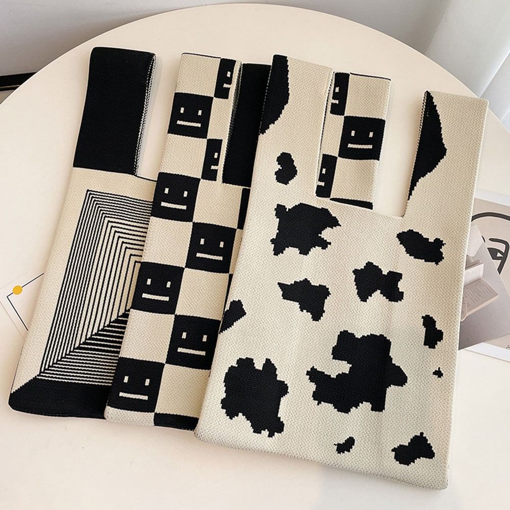 【ALLGOOD】 Niche Design Plaid Shopping Bags Shoulder Bag Women Girls Knot Wrist Bag Tote Bag Handmade Knit Handbag. 