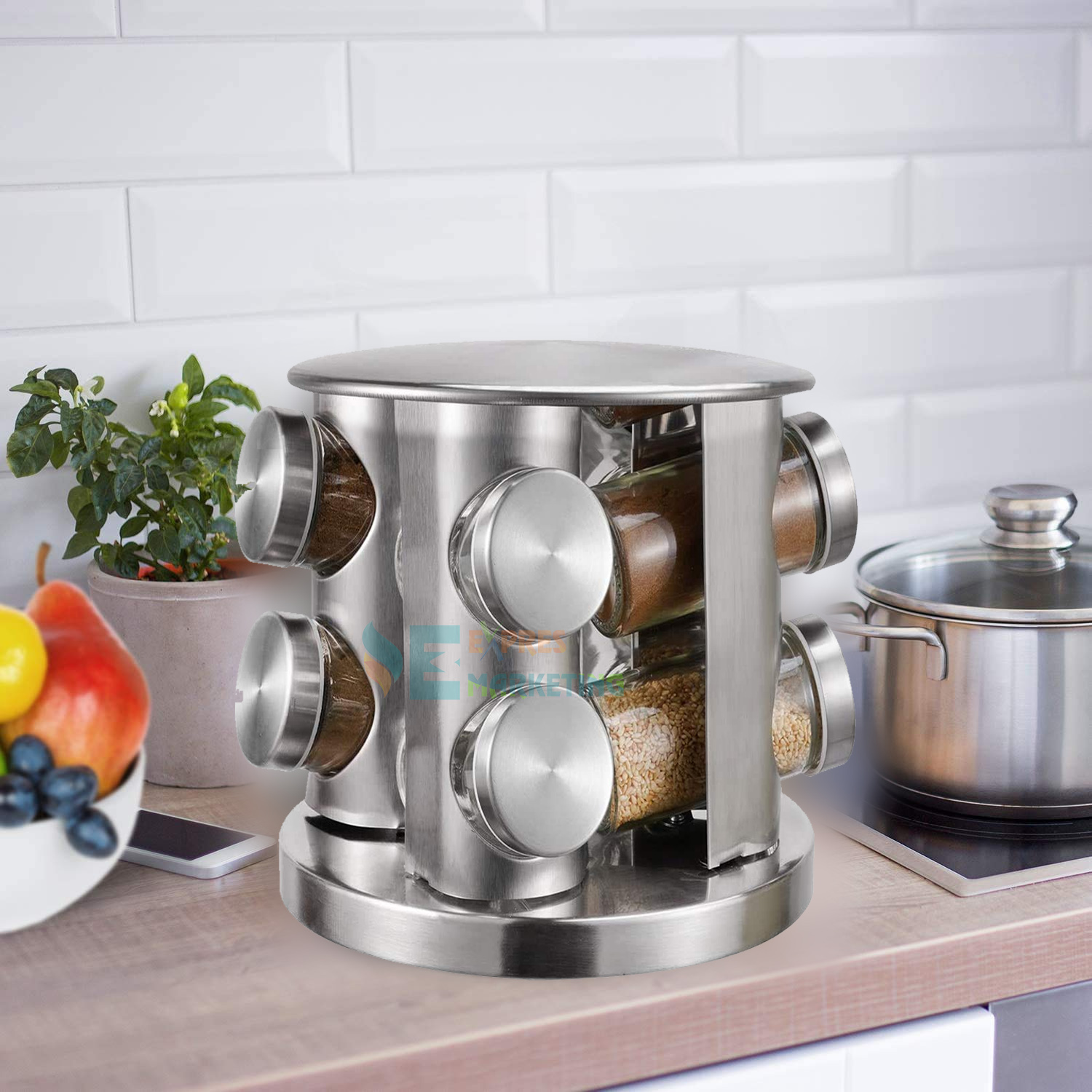 Revolving Countertop Spice Rack Stainless Steel Seasoning Storage ...
