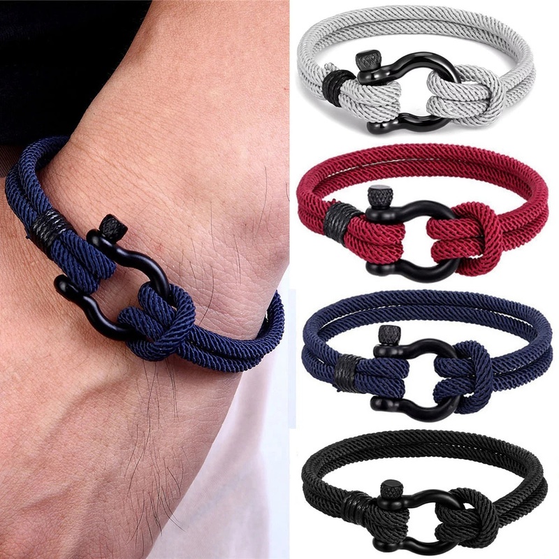 Outdoor Weaving Rope Lucky Survival Bracelet Men Black Charm Stainless
