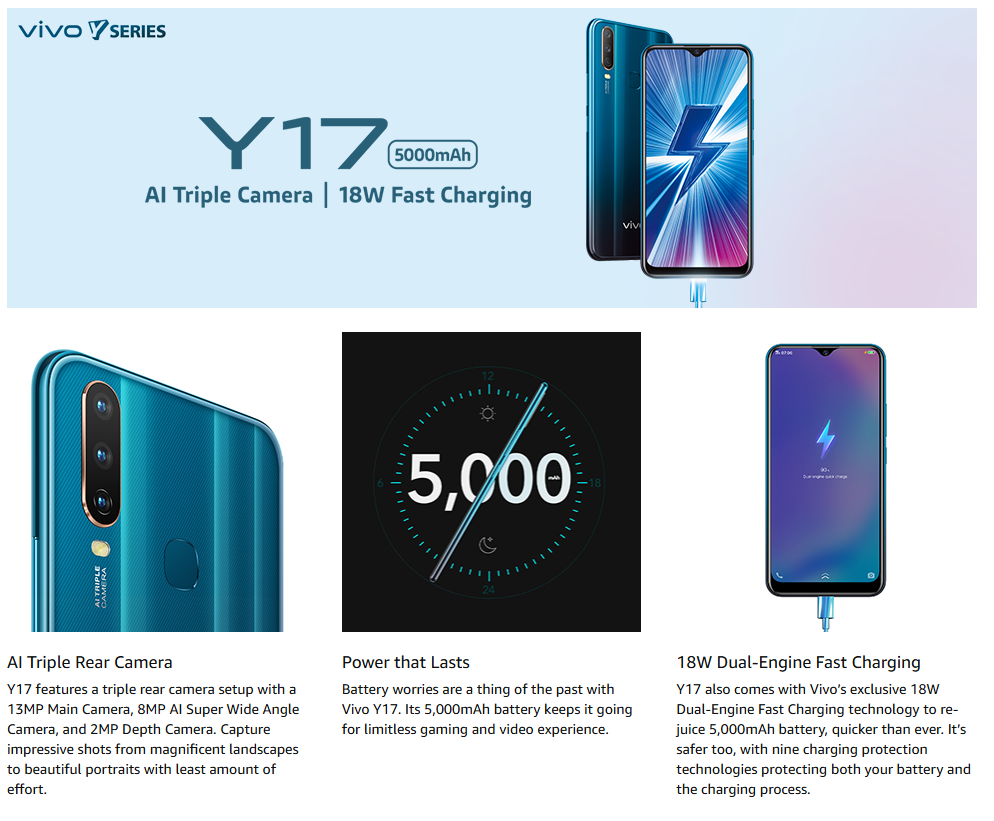 Vivo Y17 Dual SIM - 6.38 Inch, 256 GB, 8 GB RAM, 4G LTE , FingerPrint - Skyline Blue A Grade Smart Phone. 