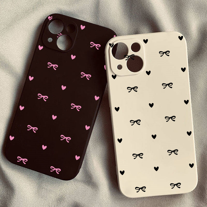 Korean Cute Pink Bow Phone Case for IPhone 16 15 14 12 11 Pro Max 13 Mini XR XS X 7 8 Plus Love Heart Soft Square Silcone Cover