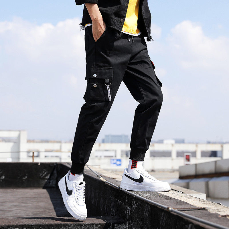 Spring and Autumn National Fashion Mechanical Style Paratrooper Pants plus Size Men Loose Fashion Brand Hip-Hop Ankle-Tied Pants Multi-Pocket Cargo Pants Men. 