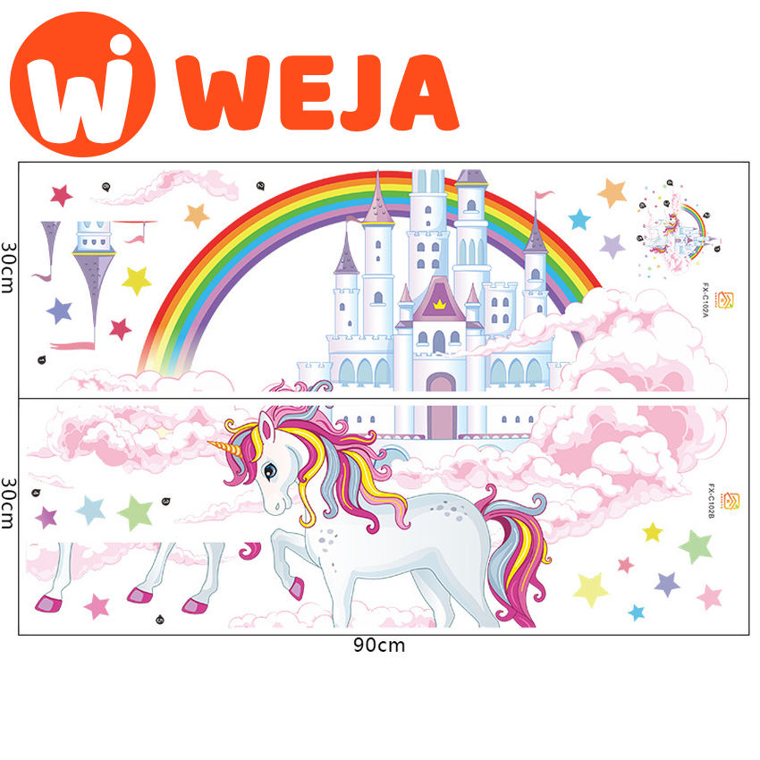 【WEJA】Colorful Rainbow Pink Princess Castle Unicorn Wall Sticker For Girls Kids Bedroom Unicorn Wall Decor Vinyl Mural Decals Muraux