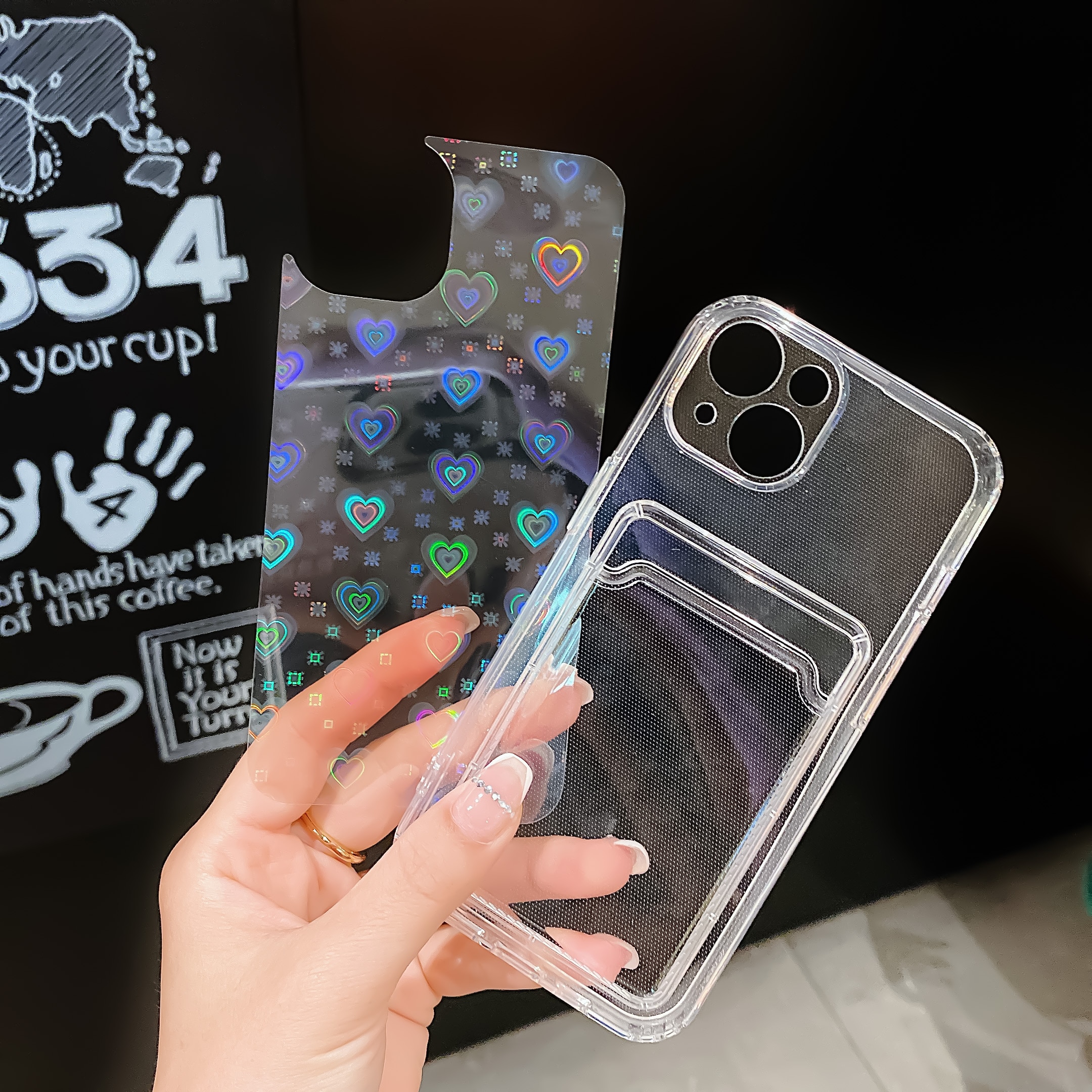 【ThinkWay】Holographic Heart Phone Case For iPhone 13 Pro Max 11 12 XR 6 7 8 Plus XS X SE   Clear Wallet Card Holder Storage Cover. 