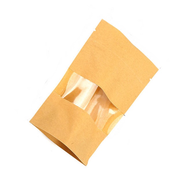 100Pcs Resealable Kraft Paper Ziplock Bags Stand With Transparent Window. 