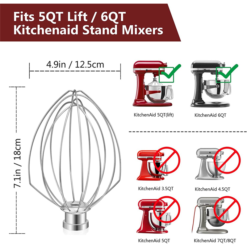 Wire Whip for Kitchenaid Stand Mixer 5QT Lift and 6QT, Whisk Attachment, Stainless Steel Egg Cream Stirrer Accessories. 