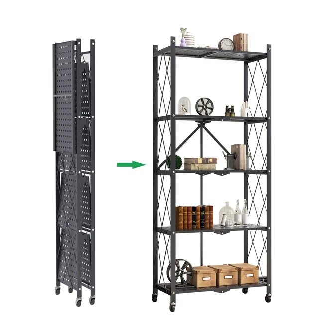 5 Tier Storage Rack Heavy Duty Foldable Metal Rack Storage Shelving Unit with Wheels Moving Easily Organizer Shelves Great for Garage Kitchen Holds up to 1250 lbs Capacity, Black. 