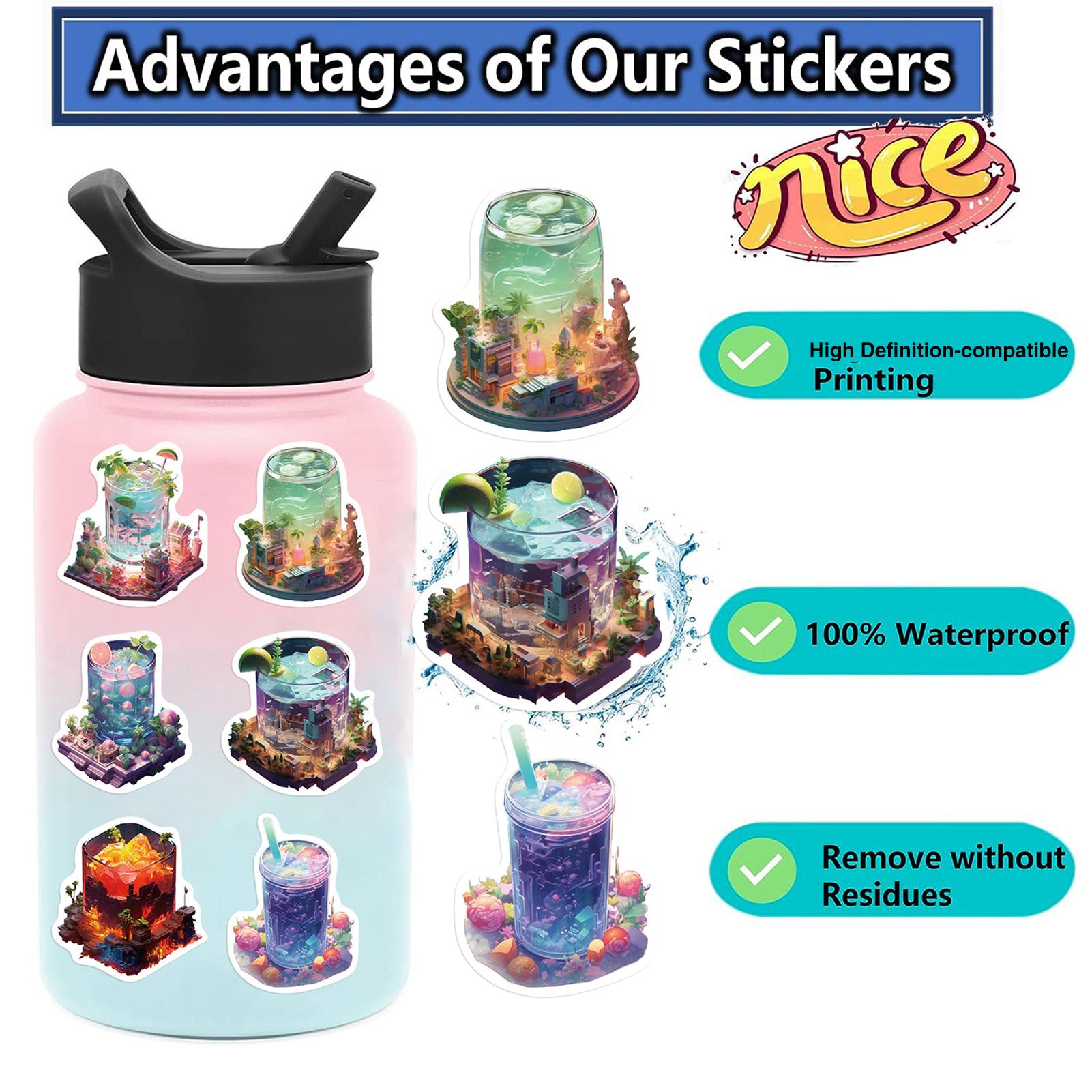 Waterproof Pvc Stickers Vintage Waterproof Stickers Set 50pcs Microscopic Bottle World Decals for Phone Laptop Guitar Notebook Suitcase Diy Aesthetic Journaling Materials Graffiti Sticker Set. 