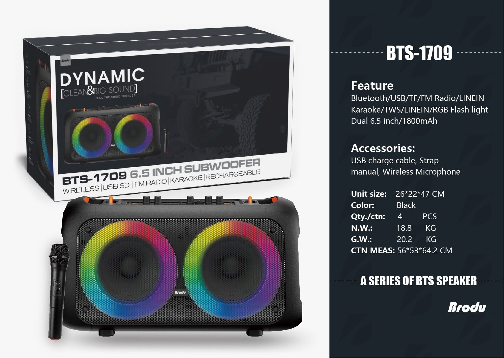 Brodu BTS-1709 Bass Portable Subwoofer Bluetooth Karaoke Speaker with ...