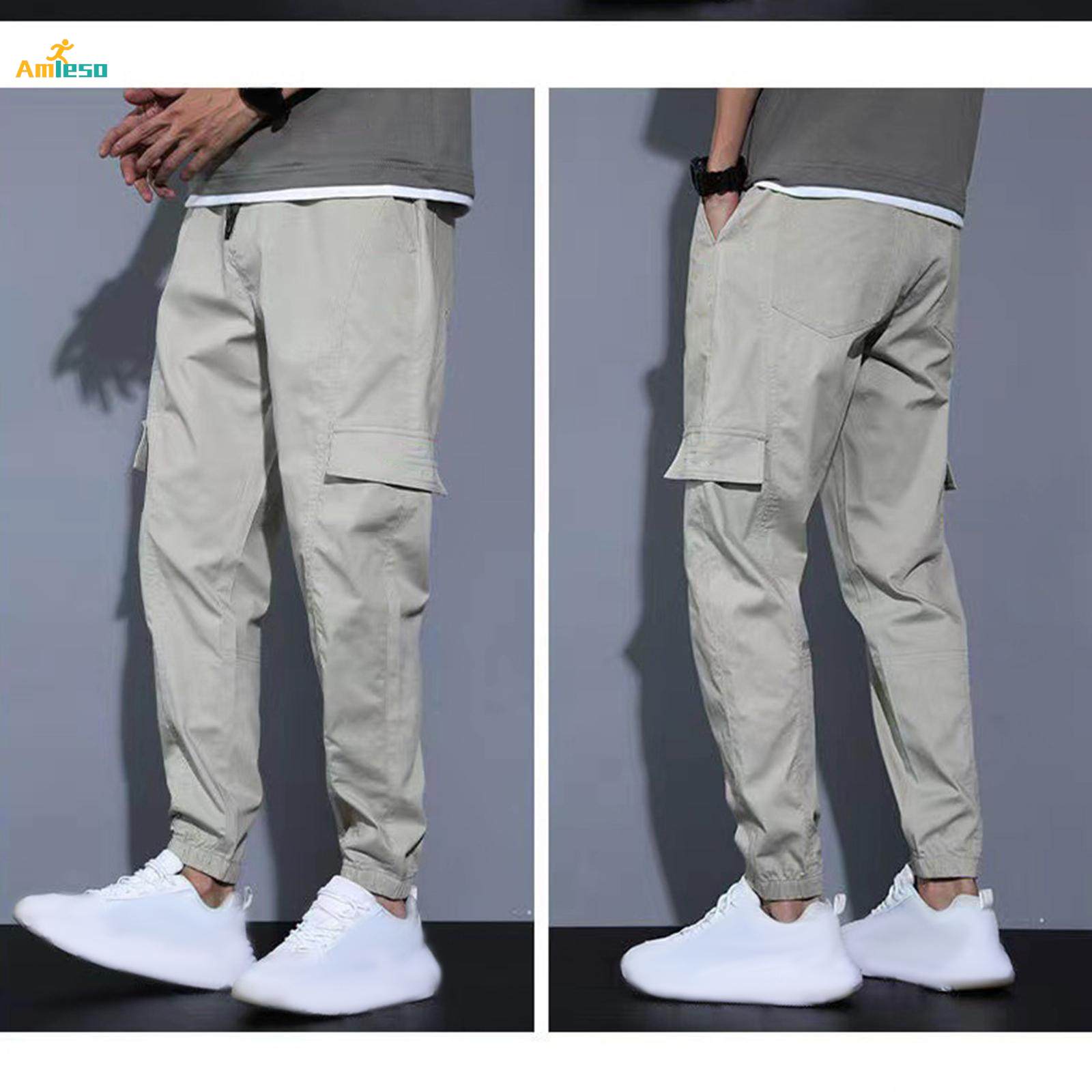 Mens Cargo Pant Multiple Pockets High Waist Trousers Straight Wide Leg