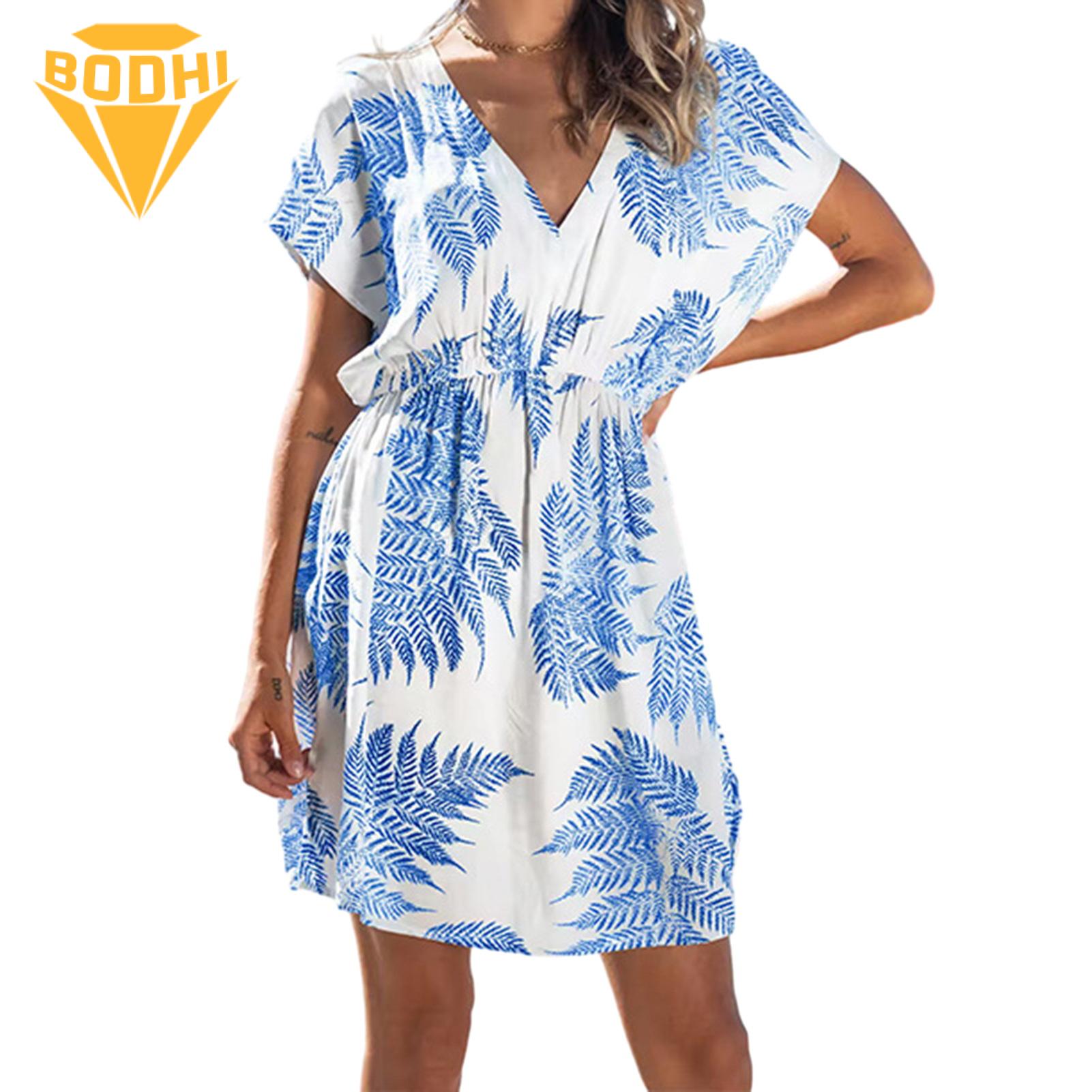 Women Swim Cover-up Leaf Print V Neck Beach Dress for Women Quick Dry Vacation Cover-up Breathable Beach Dress. 