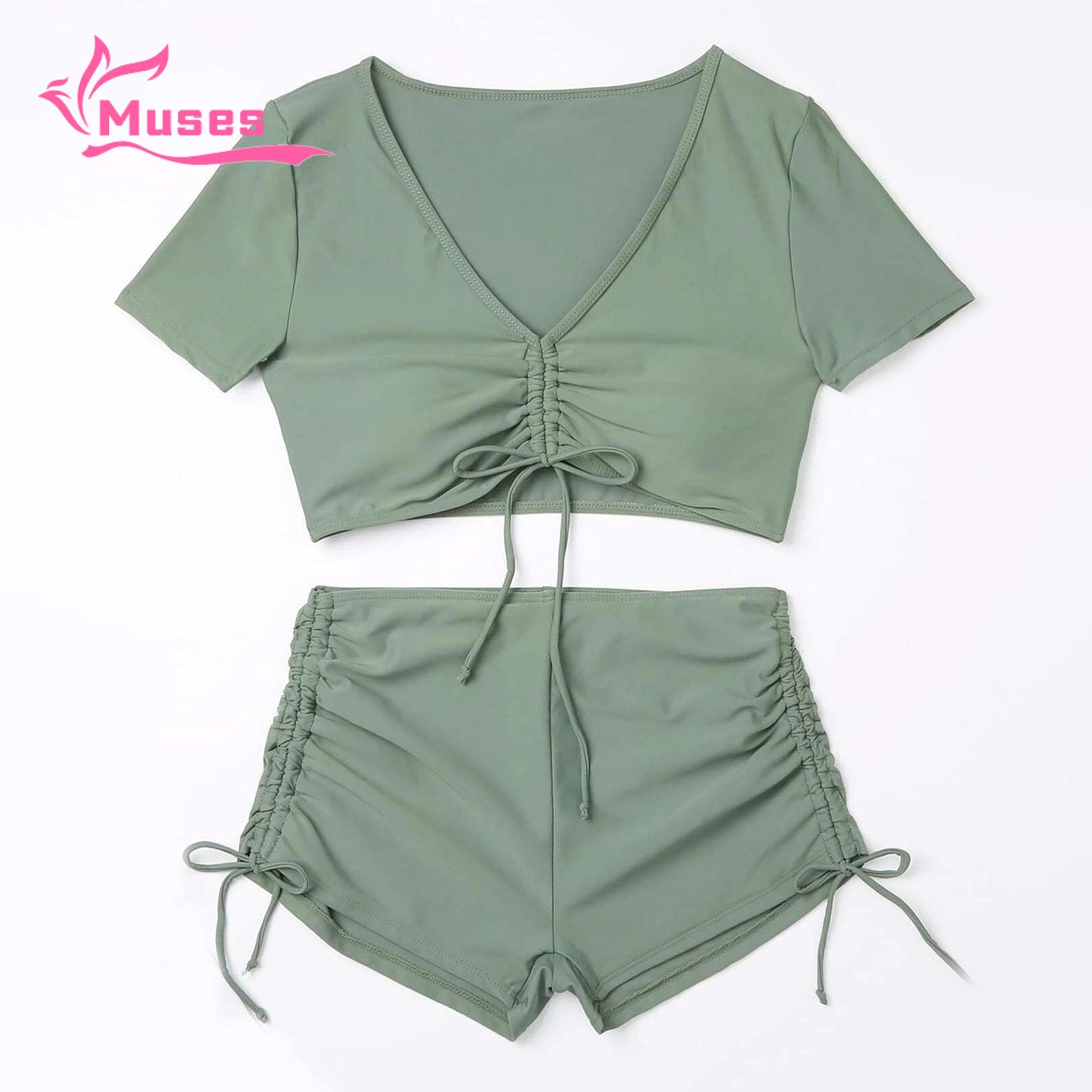 Muses Mall V-neck Swimsuit 2pcs Women's Summer Bikini Set V-neck Short S ve Tops High Waist Drawstring Swimming Trunks Quick Dry Swimsuit Solid Color. 