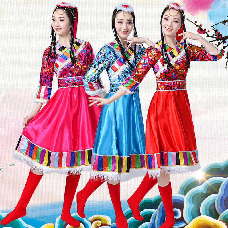 Tibetan Dance Performance Costumes Female Tibetan Minority Stage Wear Square Dancing Dress Tibet Long White Silk Sleeves Performance Costume and Accessories. 
