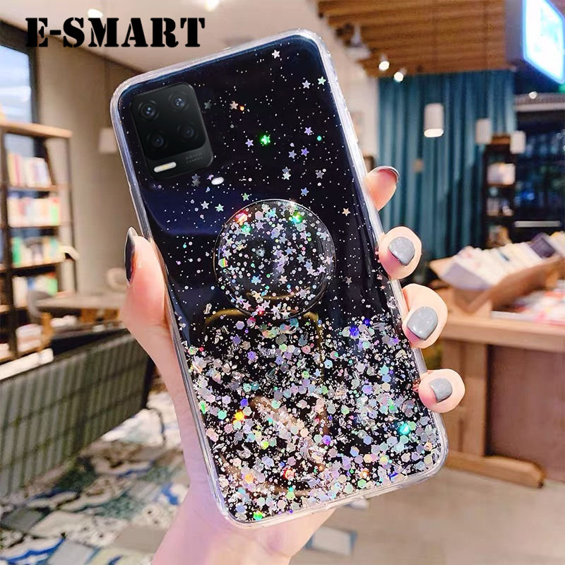 Phone case OPPO A54 Back cover Shiny Ring Glitter Soft Transparent Holder Stand Back cover with String Glitter Space Stars Moon OPPO A54 case. 