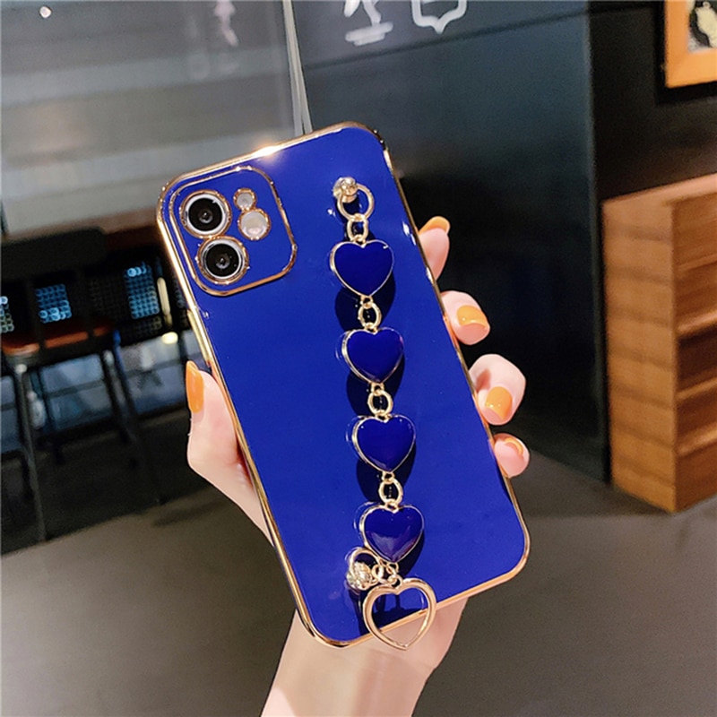 【ThinkWay】Luxury Plating Love Heart Chain Wrist Bracelet Soft Phone Case for Iphone 13 12 Pro Max X XS XR 11 Pro Max 7 8 Plus Coque Cover. 