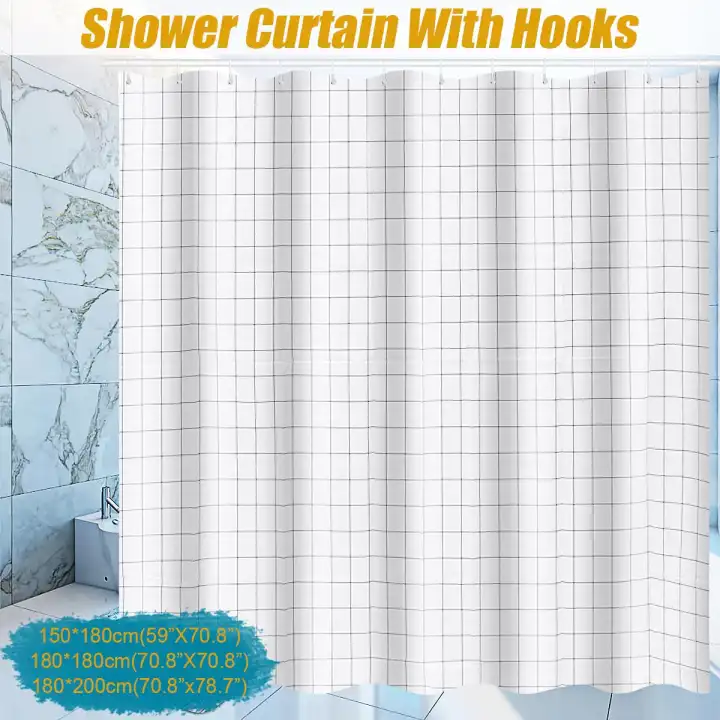 Modern Bathroom Shower Curtain White Black Grid With Hooks 150