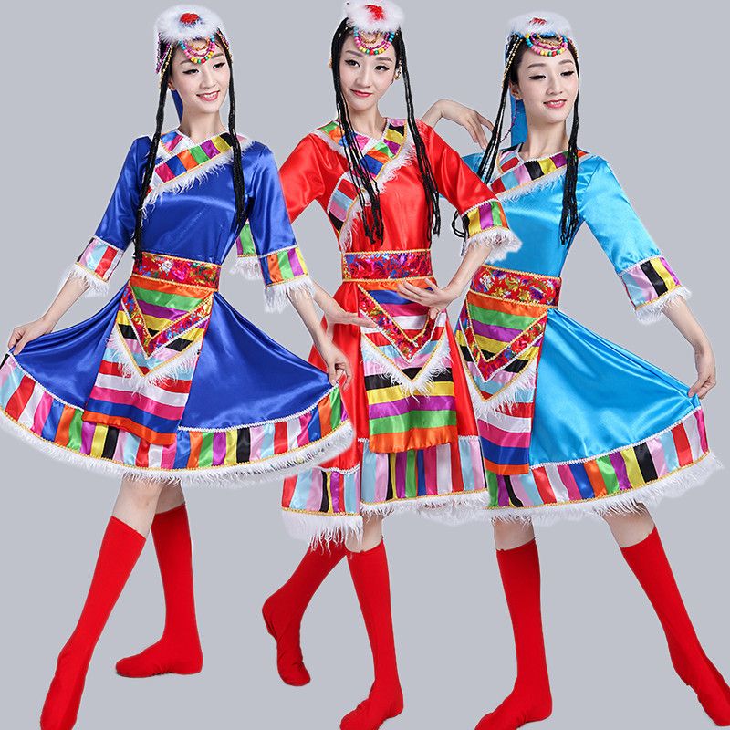Tibetan Dance Performance Costumes Female Tibetan Minority Stage Wear Square Dancing Dress Tibet Long White Silk Sleeves Performance Costume and Accessories
