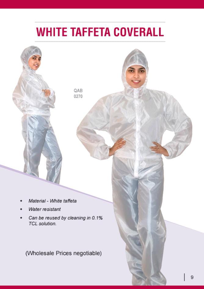 Reusable PPE kit – white taffeta – Coverall. 