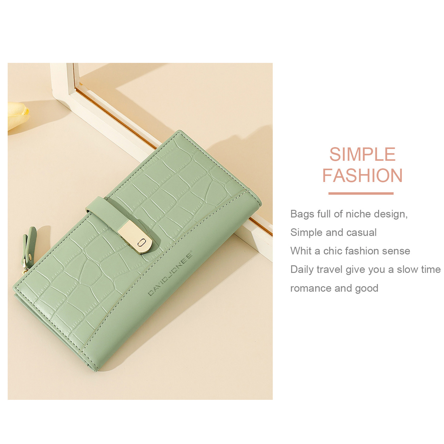 David Jones Paris Long Crocodile Wallet 2 Fold Phone Card Holder Organiser for Women and Gilrs. 