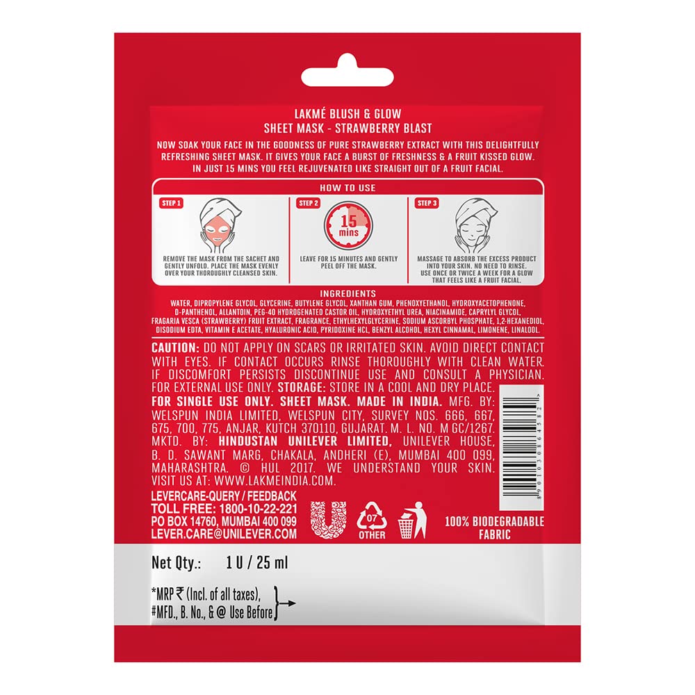 Lakme Blush & Glow Strawberry Sheet Mask, 25 ml JEZ. 