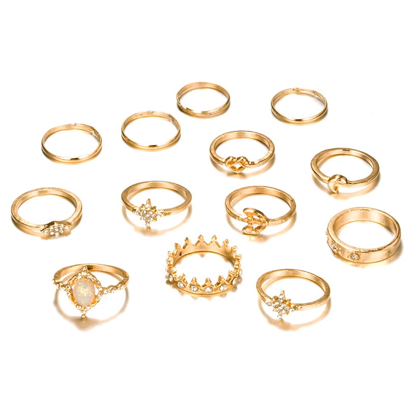 Trendy Gold Color Crystal Moon Star Crown Shape Ring Set for Women Girl Metal Geometric Rhinestone Midi Ring 3377. 
