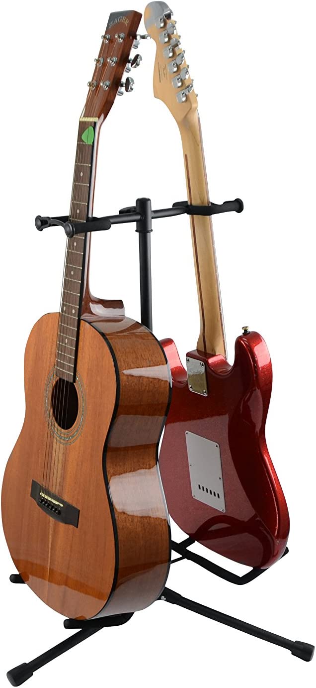 2 in 1 Double Guitar Stand With Heavy Duty Tubing - Guitar bass Accessories two way guitar stand dual guitar stand Portable Universal Folding Floor Tripod Bracket for Acoustic Electric Guitar Bass, Strong Stability, 60cm -105cm Height Adjustable. 