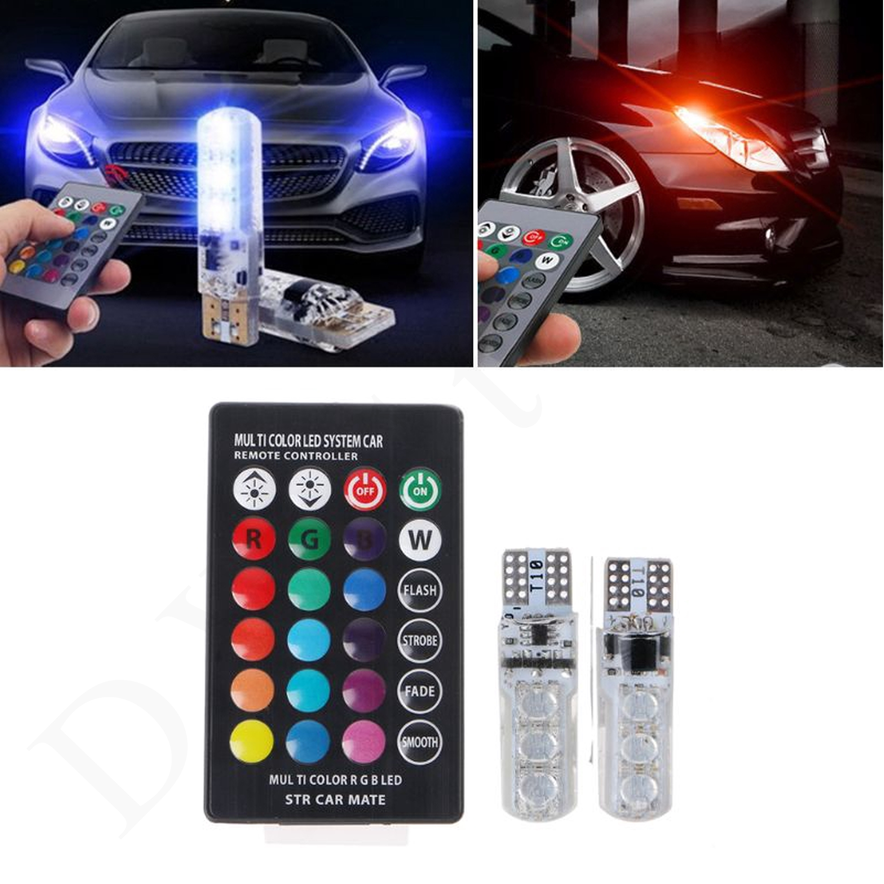 RGB T10 Colorful 12V Parking LED Multi-mode Color Changing COB Burst Flashing Wedge Auto Light Car Interior Decorative Lights with Remort Control. 