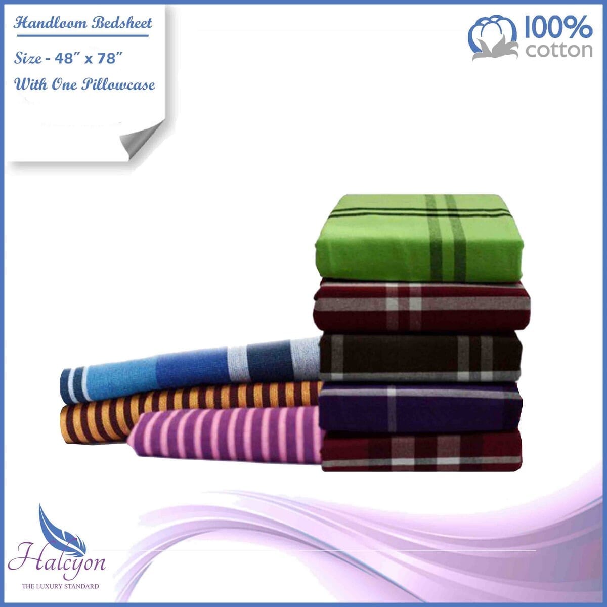 Halcyon 100% Cotton Handloom Bed Sheets With Pillow Case Pack (160 - 180GSM) - Single (48"x78")