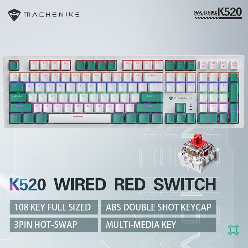 Machenike K520 Mechanical Keyboard Wired Connection Red Switch Hot Swappable 108 Keys LED Backlit RGB Sidelit Gaming Keyboard. 