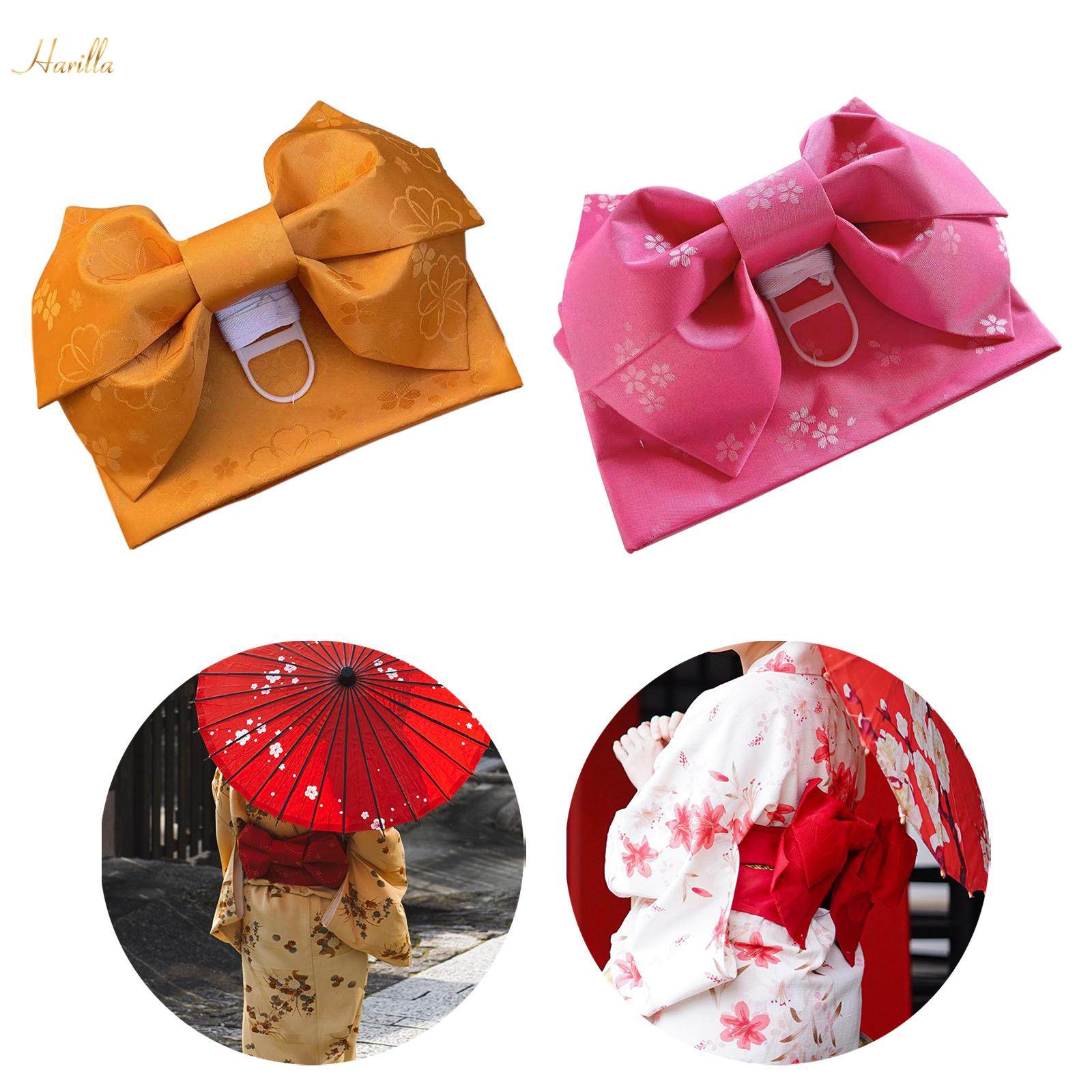 Kimono Obi Japanese Sash Belt with Pre Tied Bow for Women Classic Sakura Pattern Waist Pink Red. 