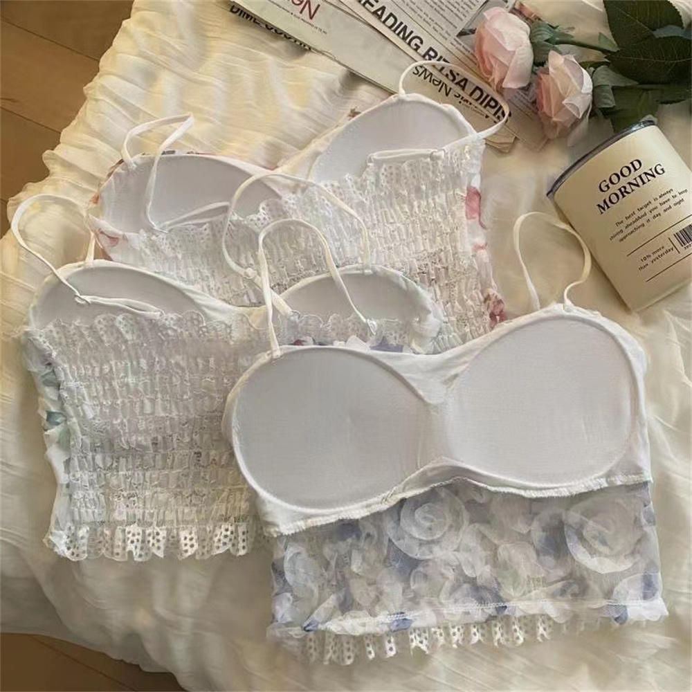 Floral Corset Vest Elastic Sweet Lace Crop Top Mesh Tube Top for Casual Evening Out Summer Wear Apparel Young Adults. 