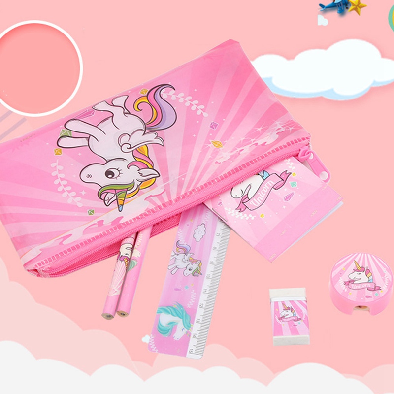 Unicorn 6pcs/set Pen Eraser, Ruler Stationery Set Alat Tulis Pencil Case Organizer School Supplies Eraser. 
