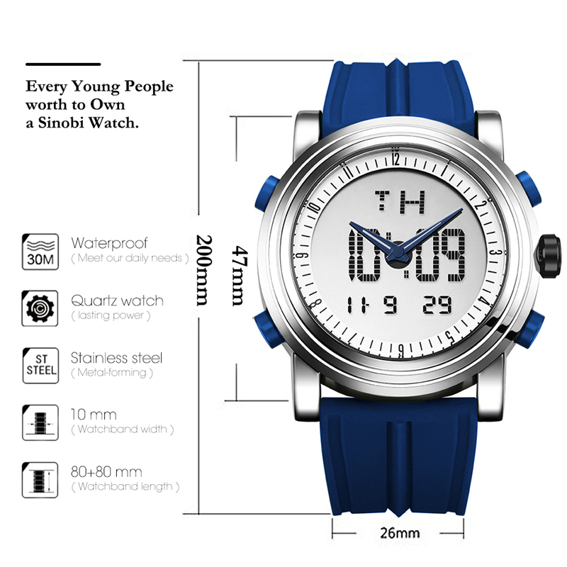 New SINOBI brand Sports Chronograph Men's Wrist Watches Digital Quartz double Movement Waterproof Diving Watchband Males Clock. 