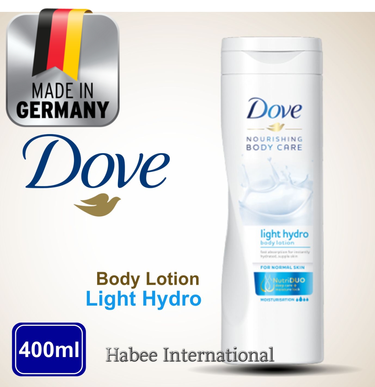 DOVE Nourishing Body Care Light Hydro or LIGHT CARE Body Lotion Refreshing 48H for Normal Skin 400ml (Dlhr). 