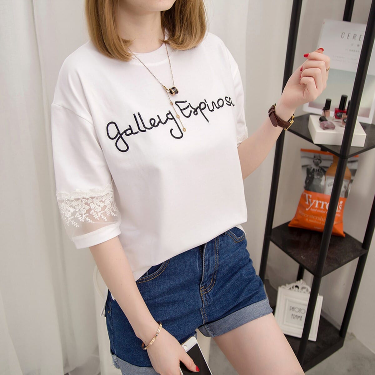 Lace Short-Sleeve Casual Tops T Shirt 