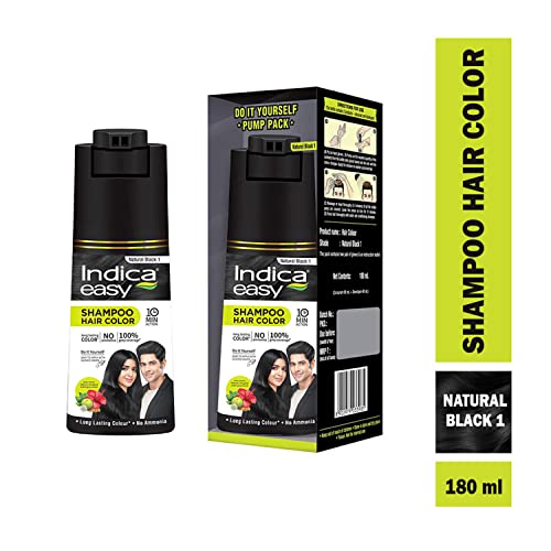 Indica Easy Do-It-Yourself Hair Color Shampoo Pump Pack with 5 Herbal Extracts and 100% Ammonia Free, Long Lasting Formula, 180 ML - Natural Black Colour (Gloves Included) (FROM INDIA SAB). 