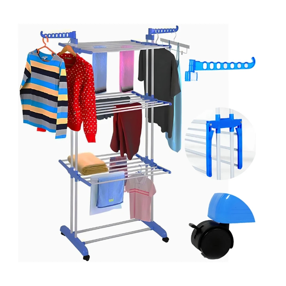 Three Layers Clothes RackCloth Drier Rack Clothes Drying Rack,4-Tier Foldable Clothes Hanger Adjustable Large Stainless Steel Garment Laundry Racks for Indoor Outdoor
