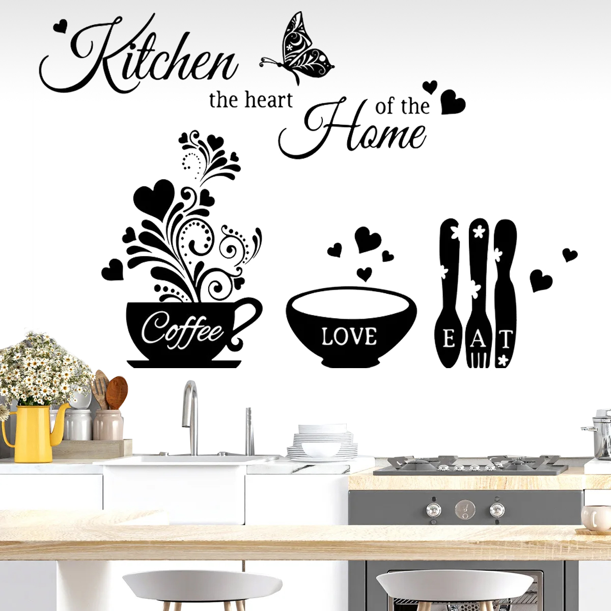 Kitchen Wall stickers Cooking Wall Decal Home Decoration Wall Decor Kitchen Kitchen the Heart of the Home Kitchen stickers Black theme wall sticker Big Butterfly Kitchenware cooking tools. 