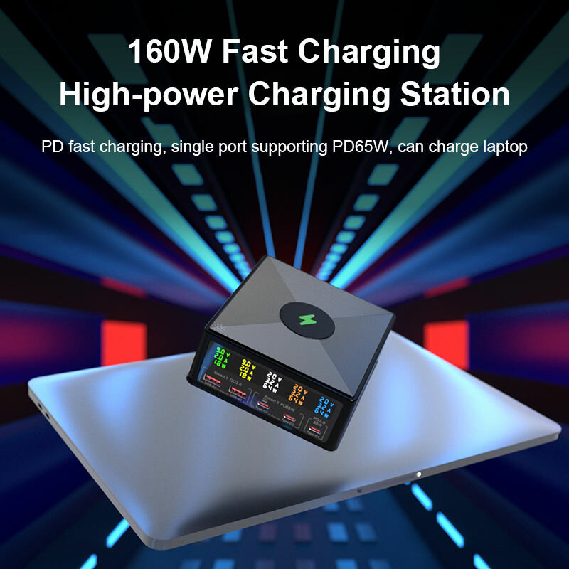 868H 160W 5-Port USB PD Charger Dual USB-A QC3.0+Dual PD65W Type-C+65W Type-C PD3.0 with 15W 10W 7.5W 5W Wireless Fast Charger for iPhone 14 14Pro 14Pro Max for Huawei Mate50 for Samsung Galaxy S23 for Xiaomi 13pro-Black. 