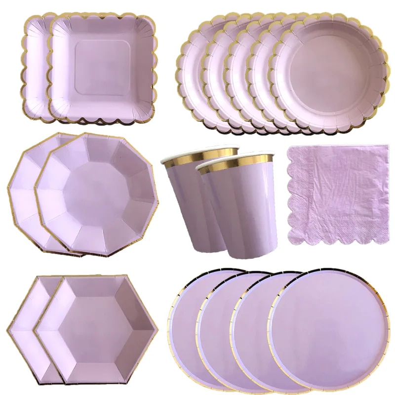 paper plates Gold Disposable Tableware Sets Purple Party Paper Cup Plates baby Shower Birthday Party Supplies Carnival Wedding decor FavorsParty Tableware