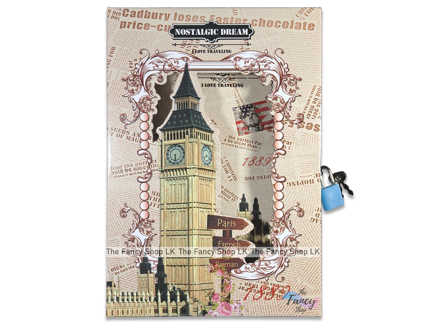 Notebook Diary Autograph Lockable 32k (13cmx19cm) Lock and Key System Colored Pages For Girls Cute Nostalgia Dream Famous Places Eiffel Tower Pissa Big Ben London Bridge Design. 