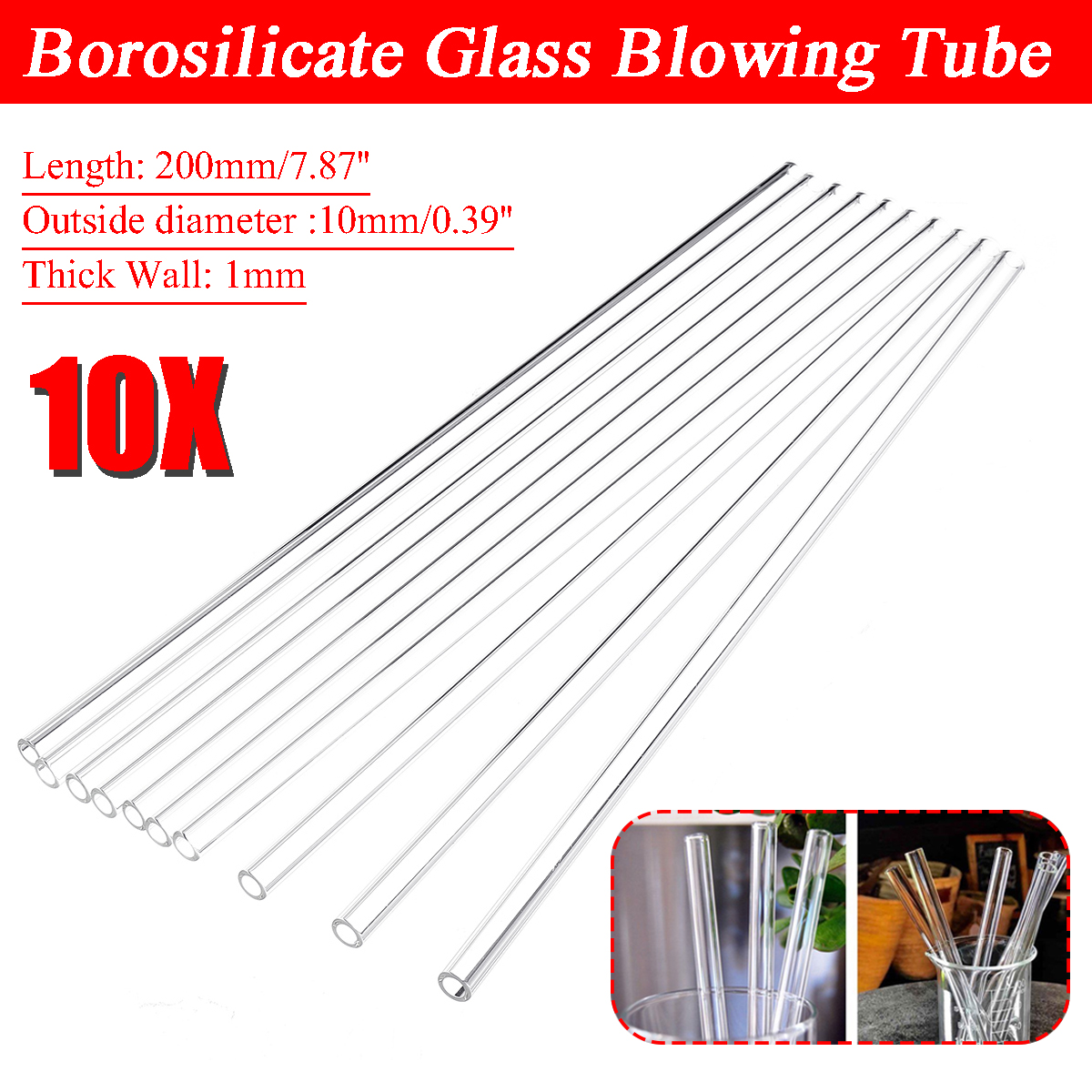 10Pcs 300mm OD 7mm 1.5mm Thick Wall Borosilicate Glass Blowing Tube Lab Tubing