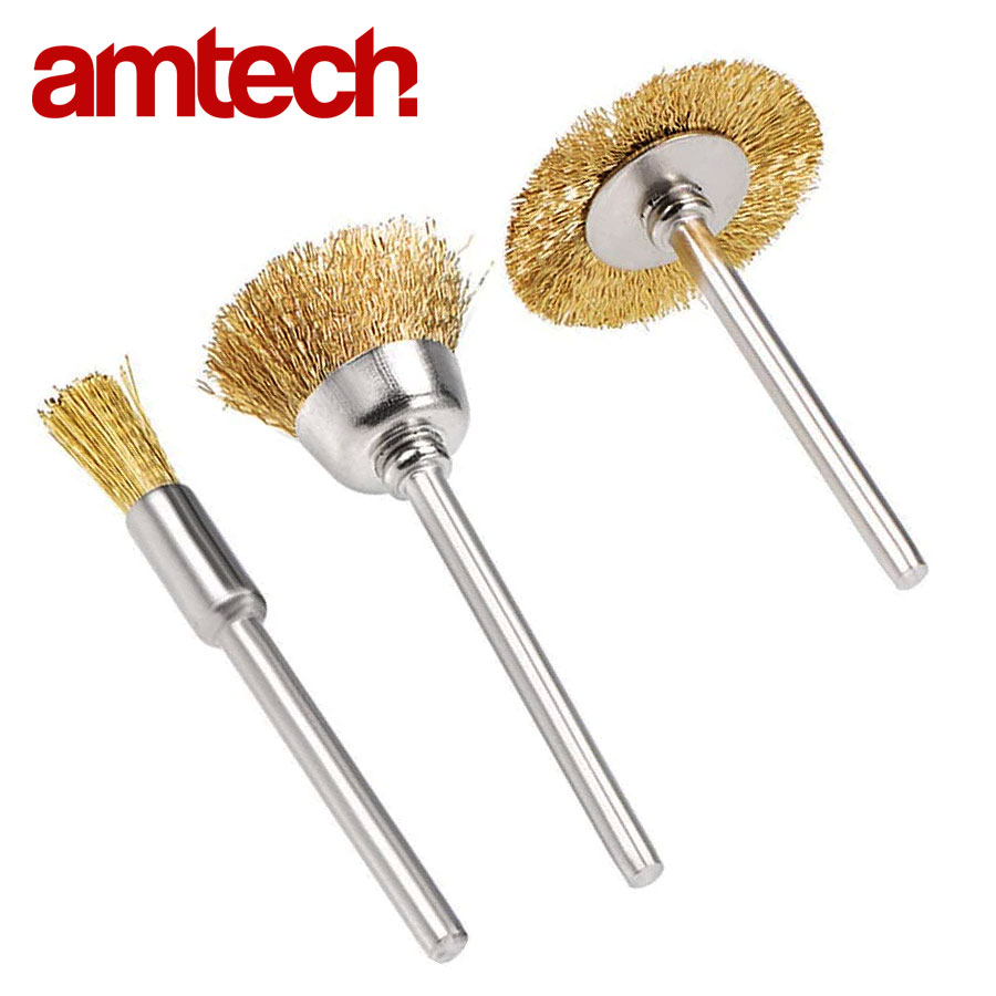 Wire Wheel Brass Cup Brush Mini Precision Polishing Rotary Tool Set for Drill - 3 pcs - AMTECH. 
