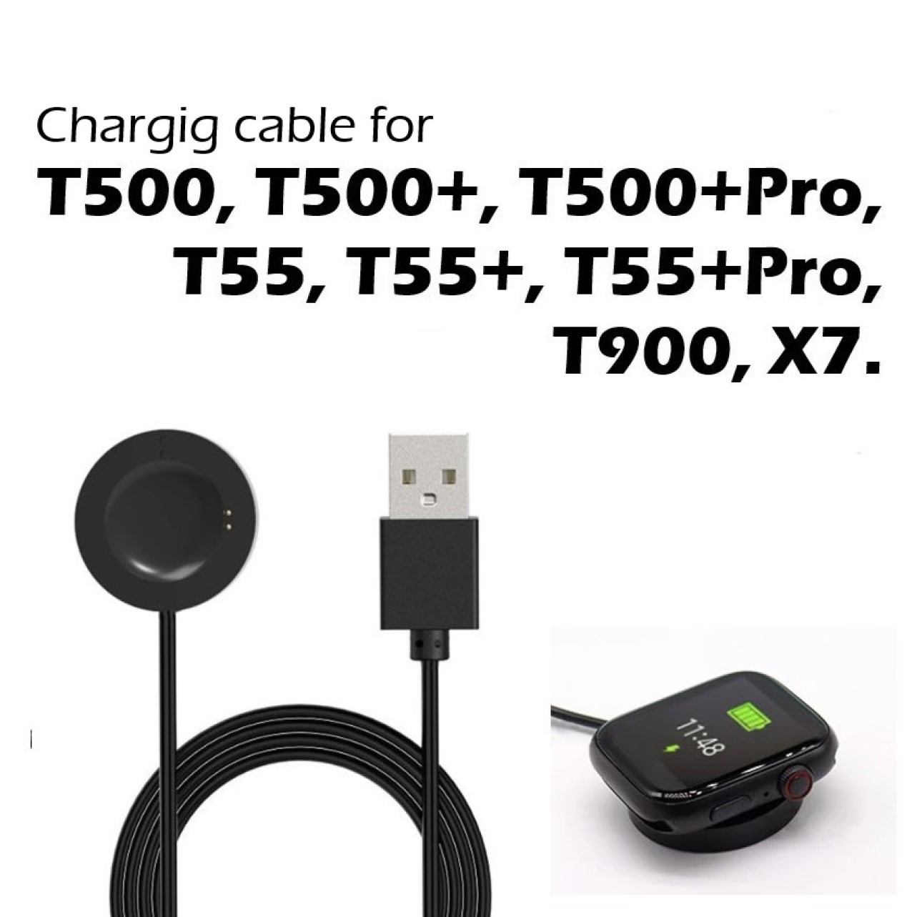 Charging Cable for T55+Pro T500 Pro x7 Smartwatch Charger. 