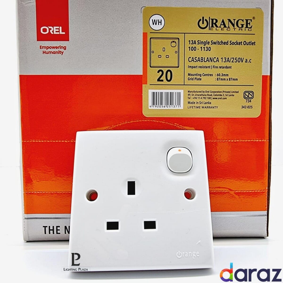 13A Plug Base - Orange Electric - Casablanca White - X5 Series - 3 Hole Square Pin - Switched Socket Outlet. 