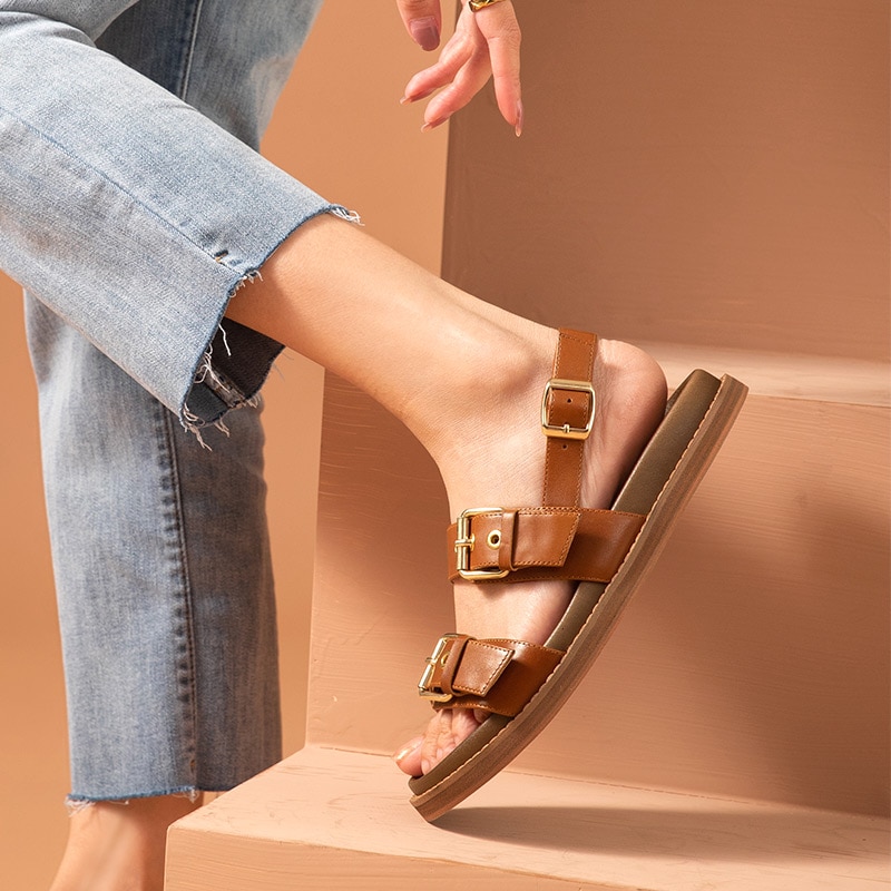 【ALLGOOD】BeauToday  Sandals Women  Cow  Round Toe Double Buckle Summer Beach Back S  Flat Shoes 32353. 