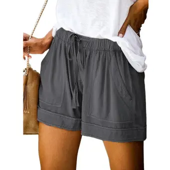 Summer Women Drawstring Splice Elastic Waist Pocketed Loose Casual Shorts Pants