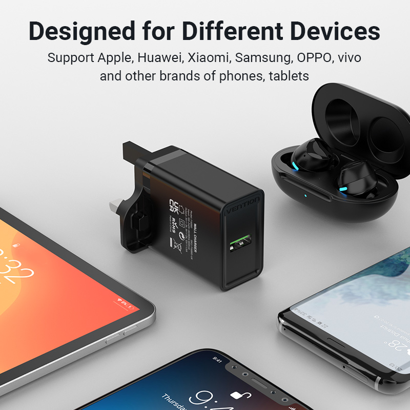 Vention USB Charger Fast Charging Quick 18W Fast Charge QC 3.0 USB Android Fast Charger for Huawei, Redmi Note 10 Pro, Xiaomi Poco X3 NFC, SAMSUNG S20, Realme 6 Pro Wall Charger. 